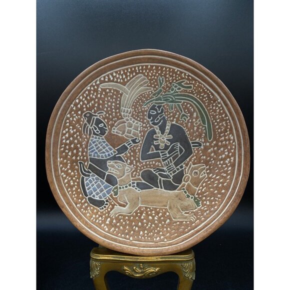 Mexico Mayan Hand Painted Carved Terracotta 9.5” Wall Plate Mesoamerica Style - Picture 1 of 7
